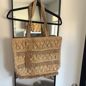 Elegant Tan Woven Tote with Shell Details